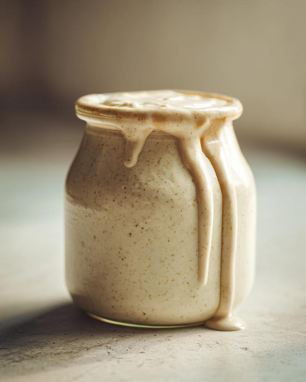 A glass jar filled with creamy Caesar salad dressing, with drips running down the sides.