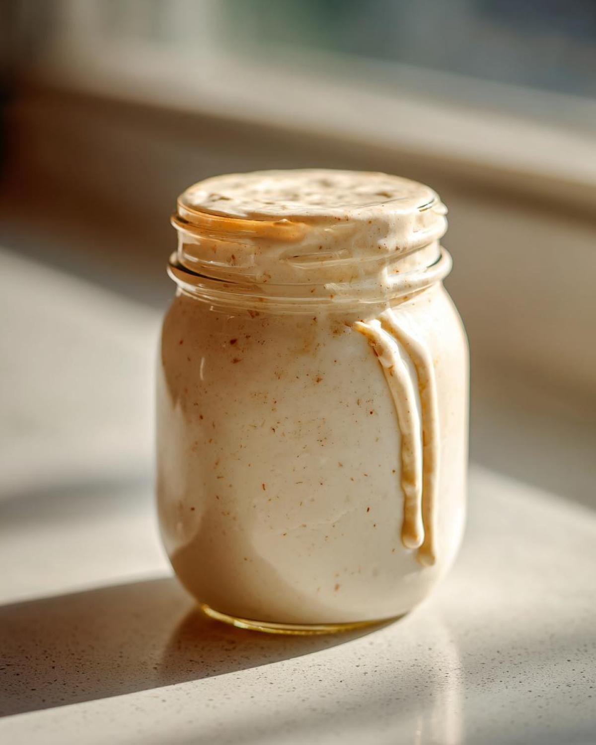 A close-up of creamy Caesar salad dressing in a mason jar, with drips on the side.