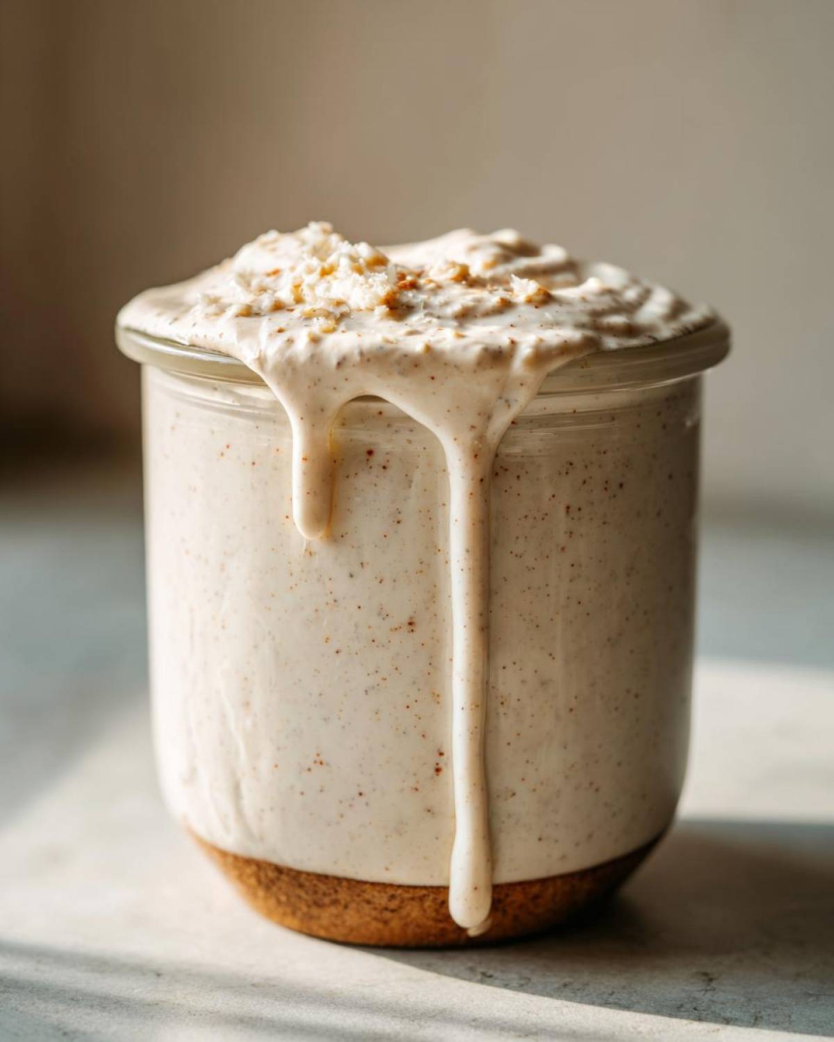 Close-up of creamy Caesar salad dressing with visible specks of seasoning, overflowing from a glass jar.