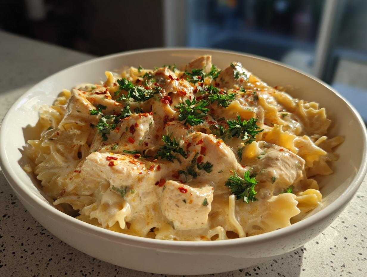 A close-up of a bowl of creamy chicken tater tot casserole, garnished with parsley and red pepper flakes.