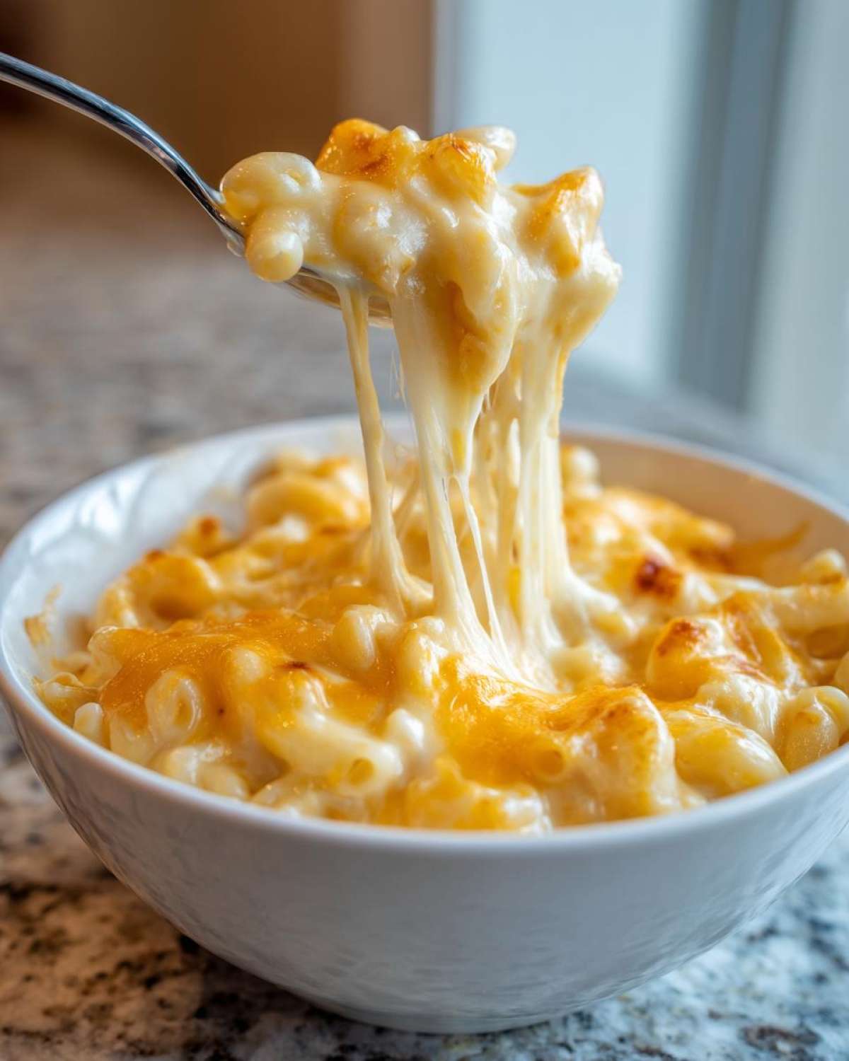 A spoon lifting a serving of creamy Crockpot mac and cheese, with long strings of melted cheese stretching.