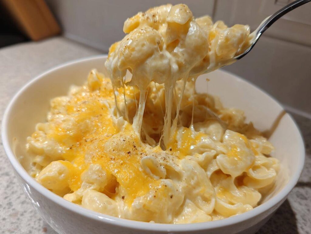A spoonful of creamy crockpot mac and cheese is lifted from a white bowl, showing long strands of melted cheese.