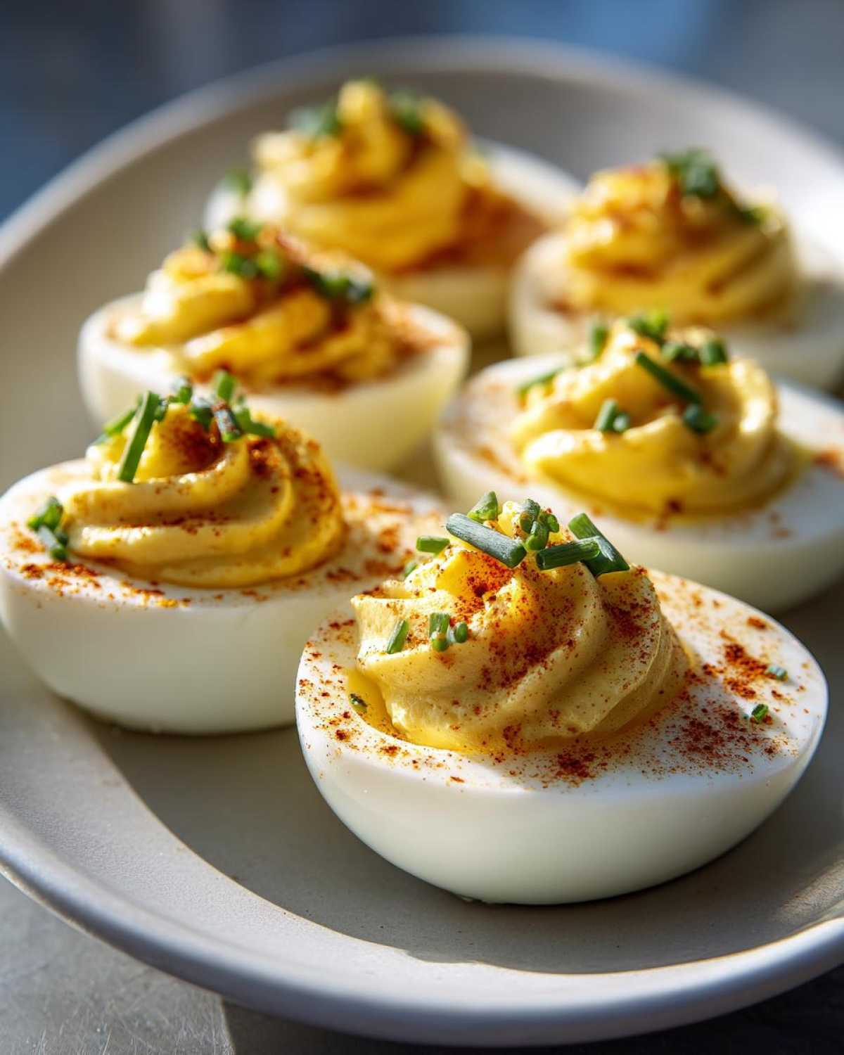 Close-up of creamy deviled eggs, garnished with paprika and fresh chives, ready to be served.