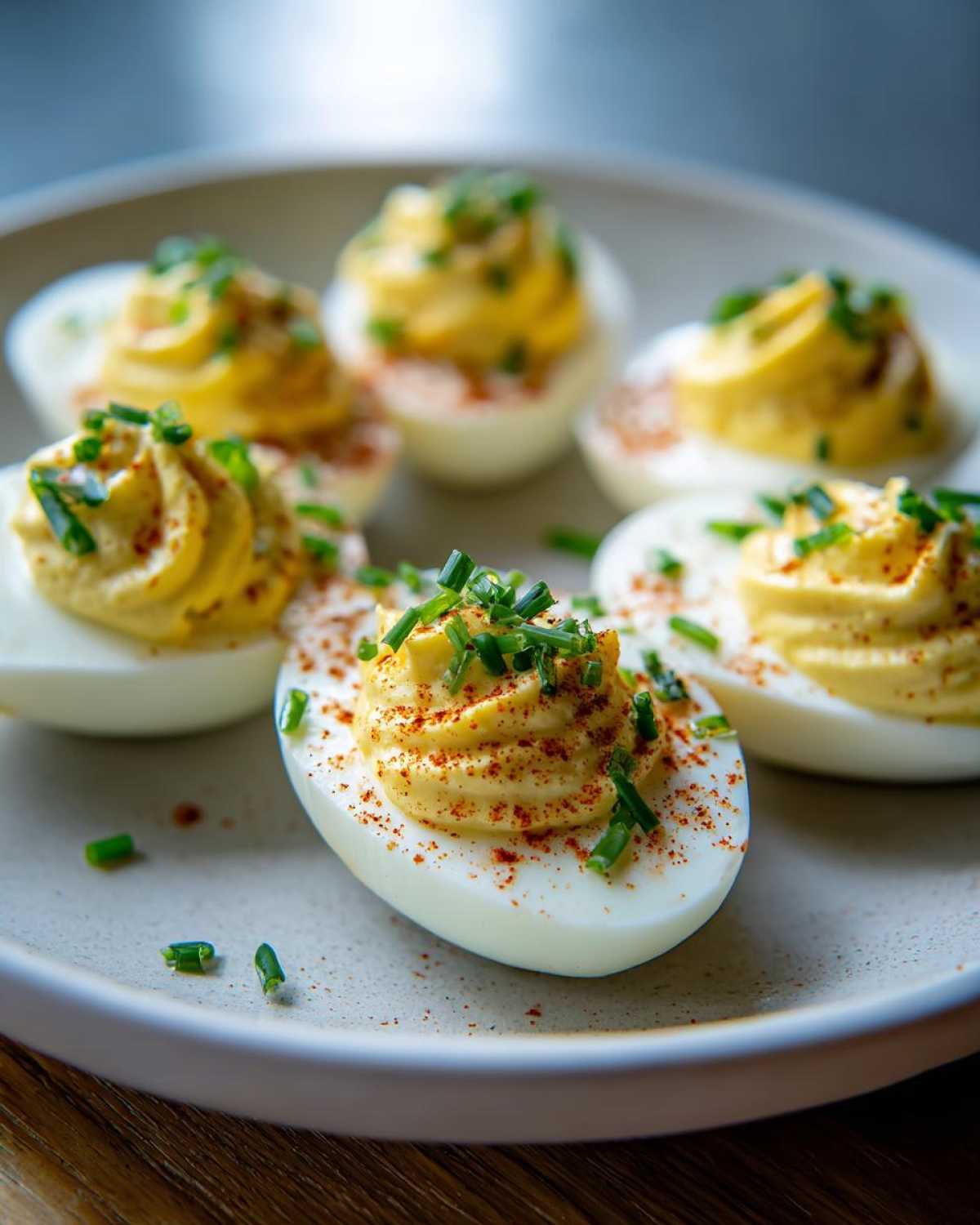 Close-up of creamy deviled eggs garnished with paprika and fresh chives, ready to be served.