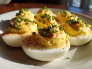 A close-up of creamy deviled eggs topped with paprika and chives, ready to be served.