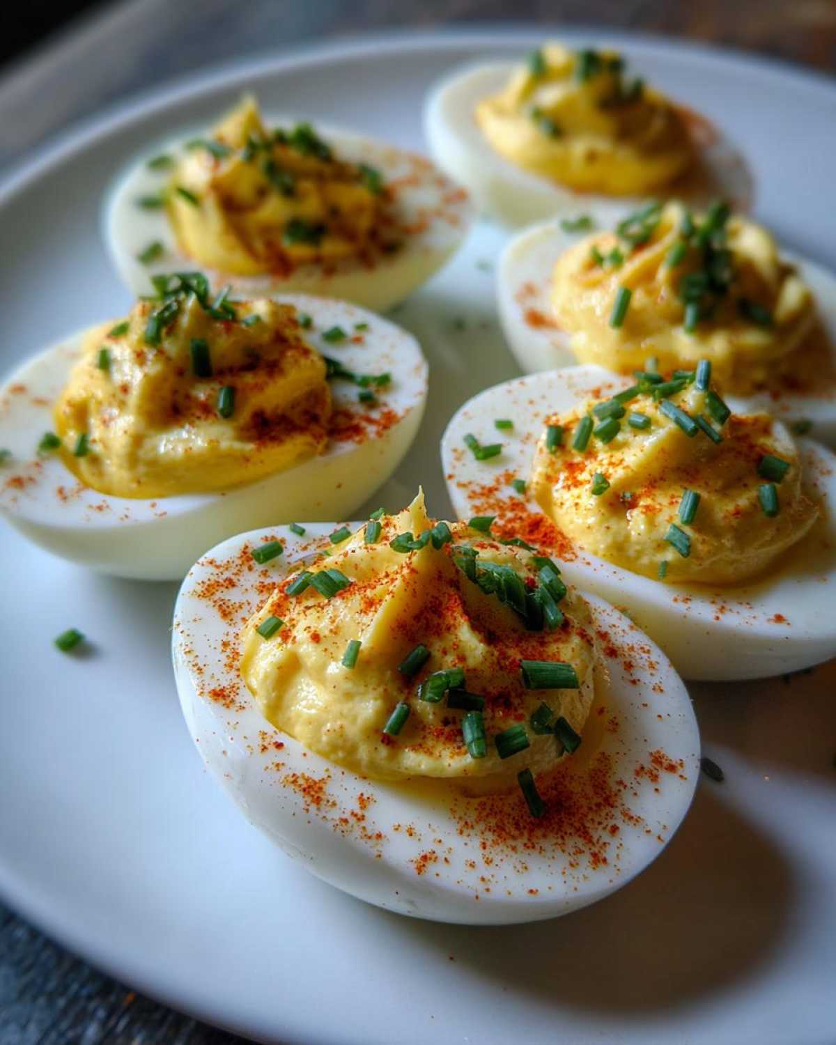 Close-up of creamy deviled eggs garnished with paprika and fresh chives on a white plate.