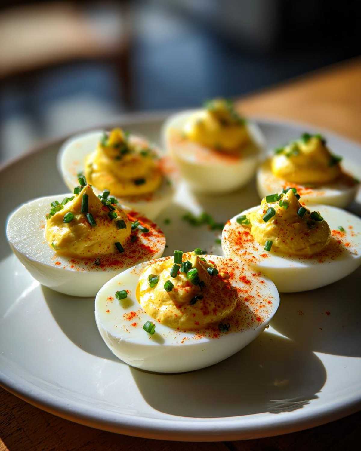 A plate of creamy deviled eggs, garnished with paprika and fresh chives, ready to be served.