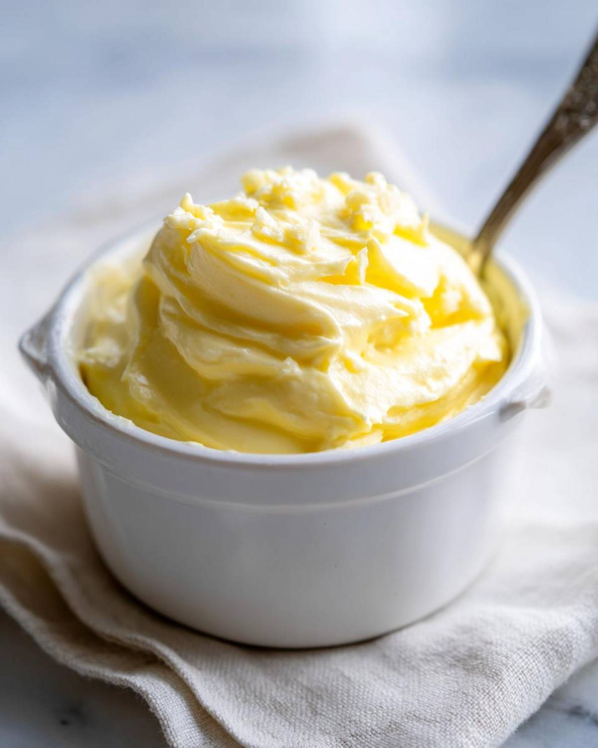 A close-up of creamy garlic aioli in a white bowl, with a spoon resting in it.