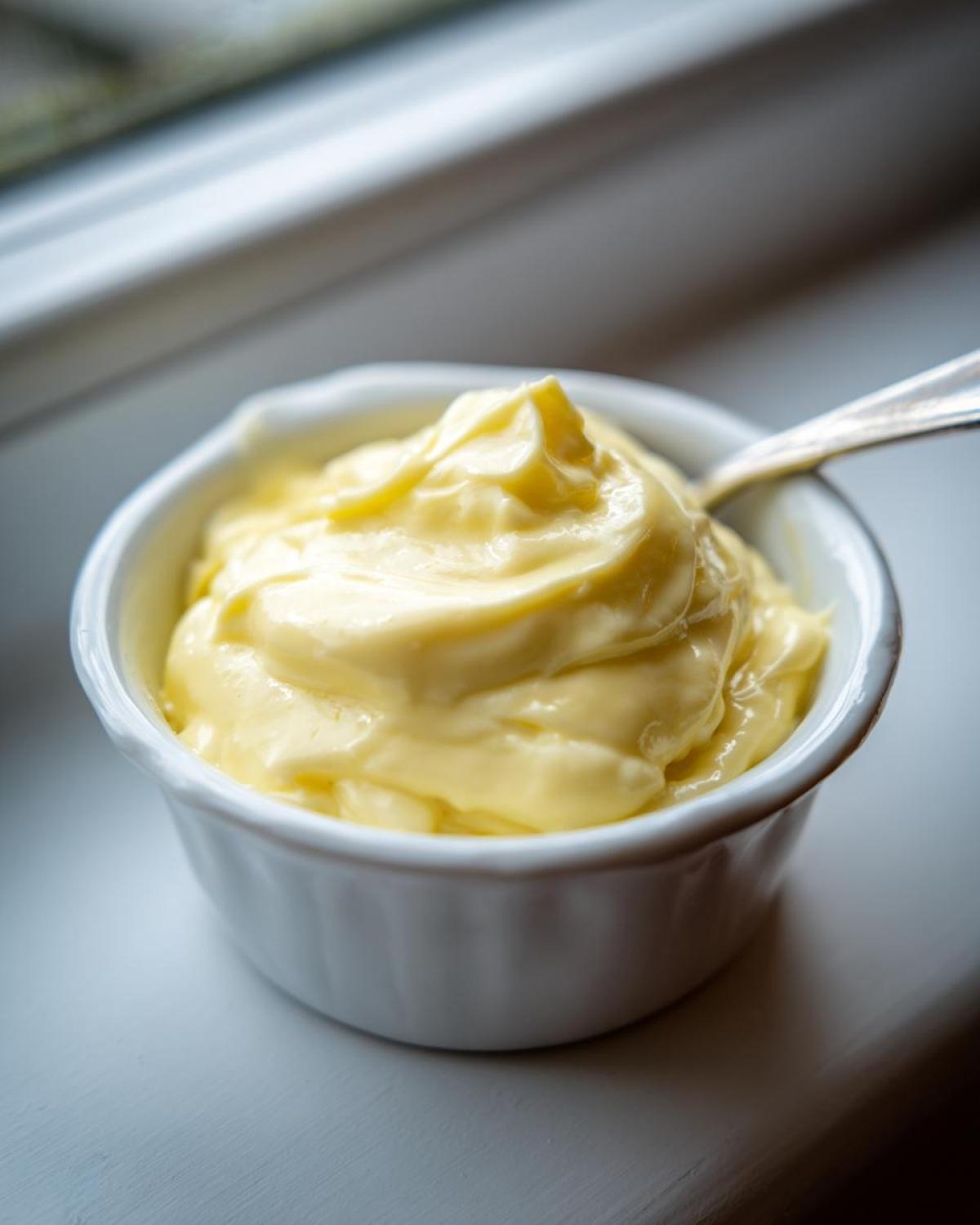 A close-up of creamy garlic aioli in a white ramekin with a spoon.