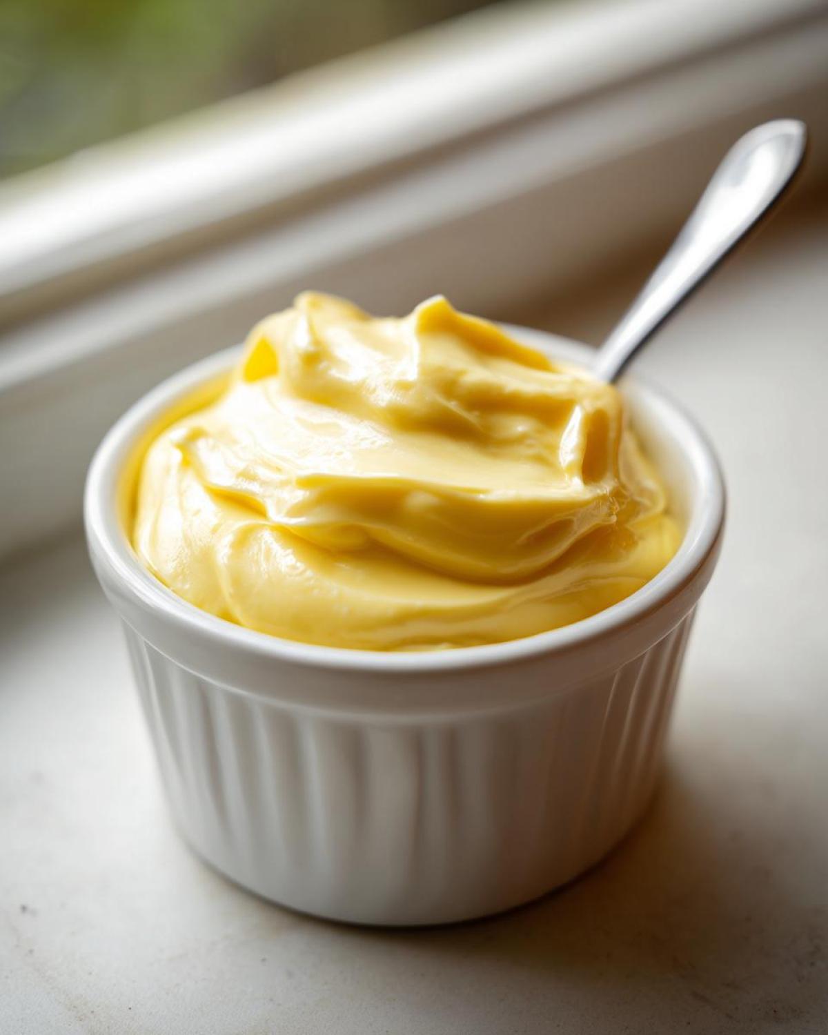 A close-up of creamy garlic aioli in a white ramekin with a spoon.