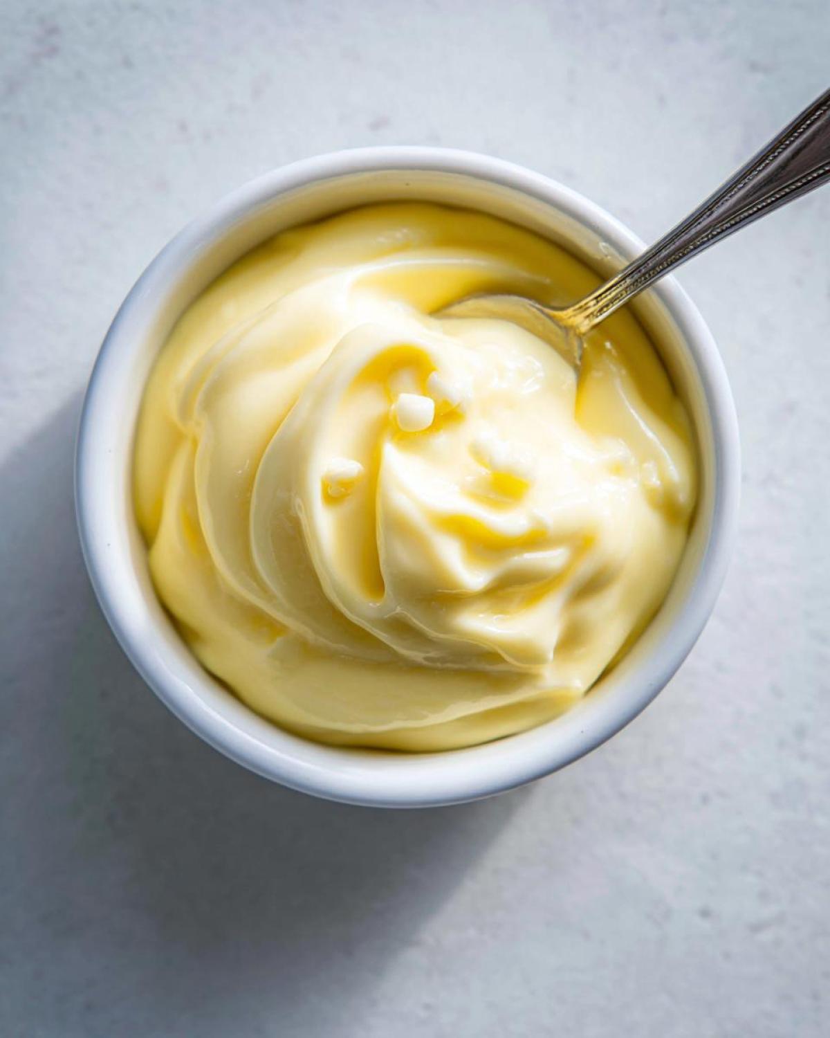 A bowl of creamy garlic aioli with a spoon, ready to be served.