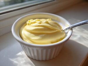 A close-up of creamy garlic aioli in a white ramekin with a spoon.