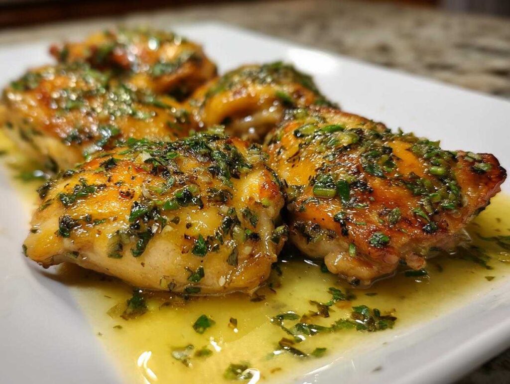 Close-up of succulent creamy garlic herb chicken thighs glistening in a flavorful sauce.