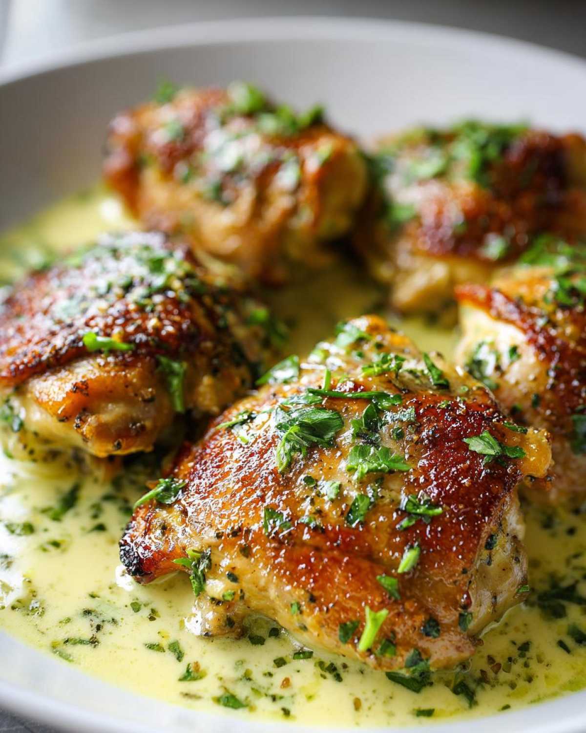 Close-up of tender, golden-brown creamy garlic herb chicken thighs in a rich sauce, garnished with fresh parsley.
