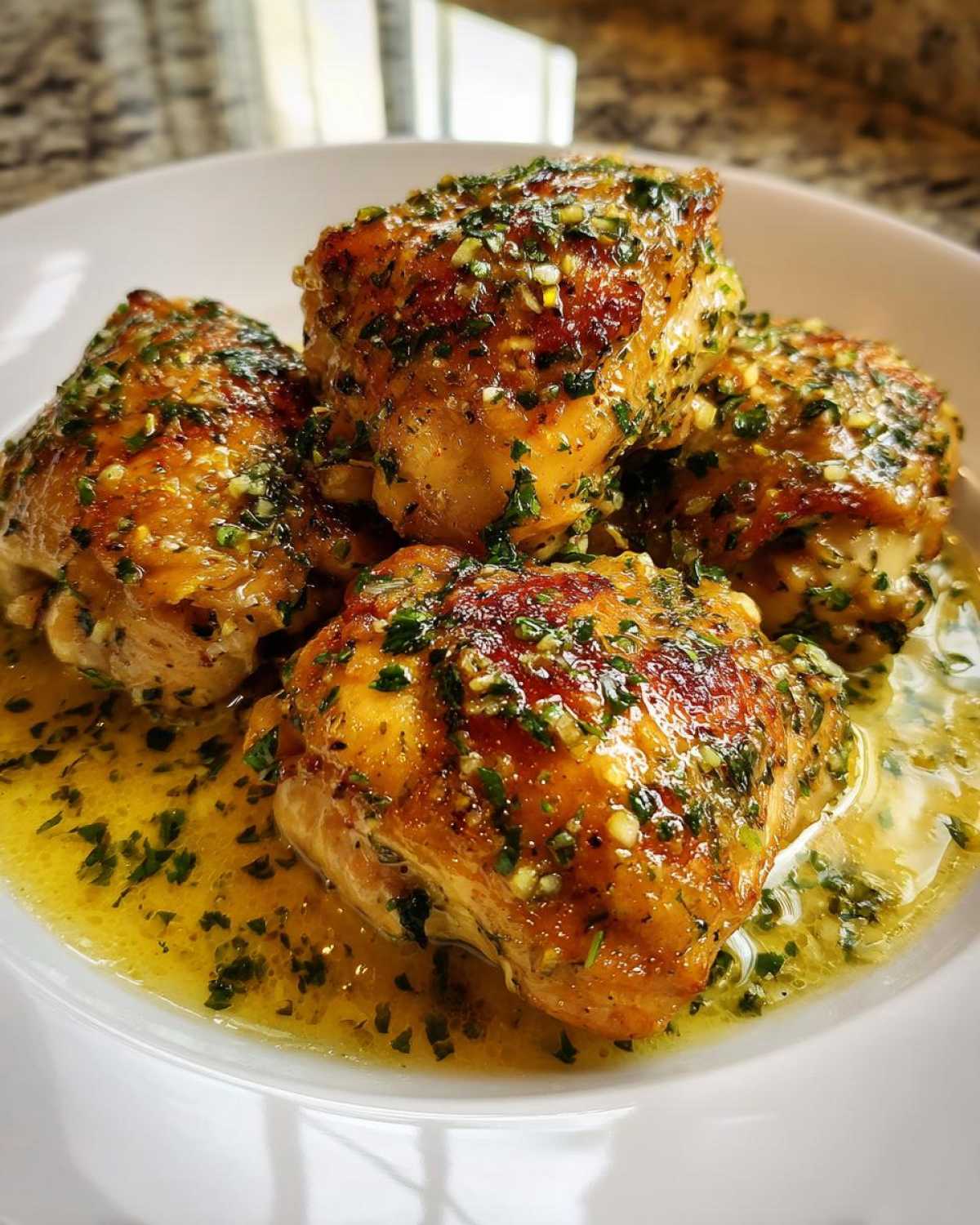 Close-up of four juicy creamy garlic herb chicken thighs in a white bowl, glistening with sauce and herbs.