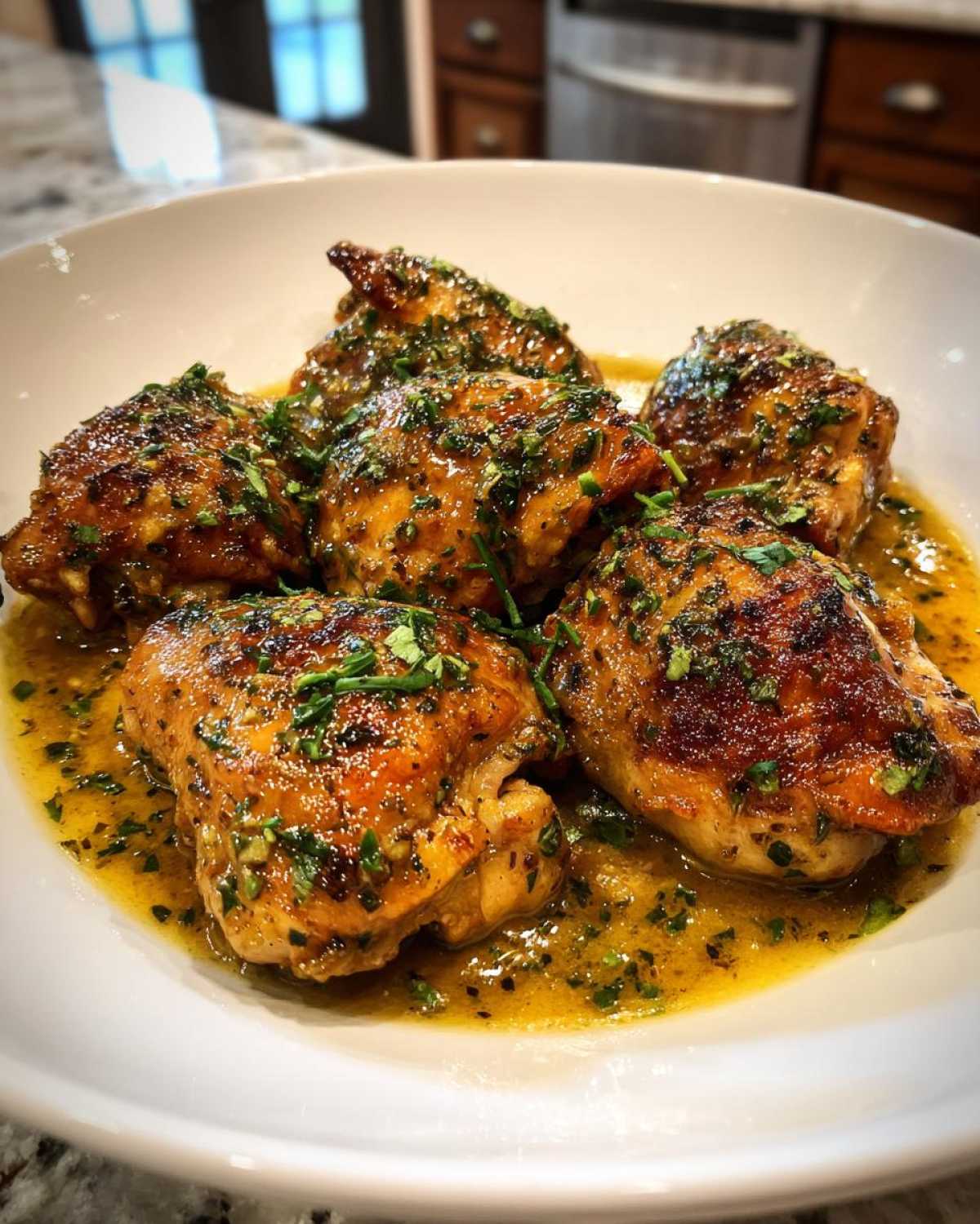 A close-up of juicy, golden-brown creamy garlic herb chicken thighs served in a white bowl with a rich sauce and fresh herbs.