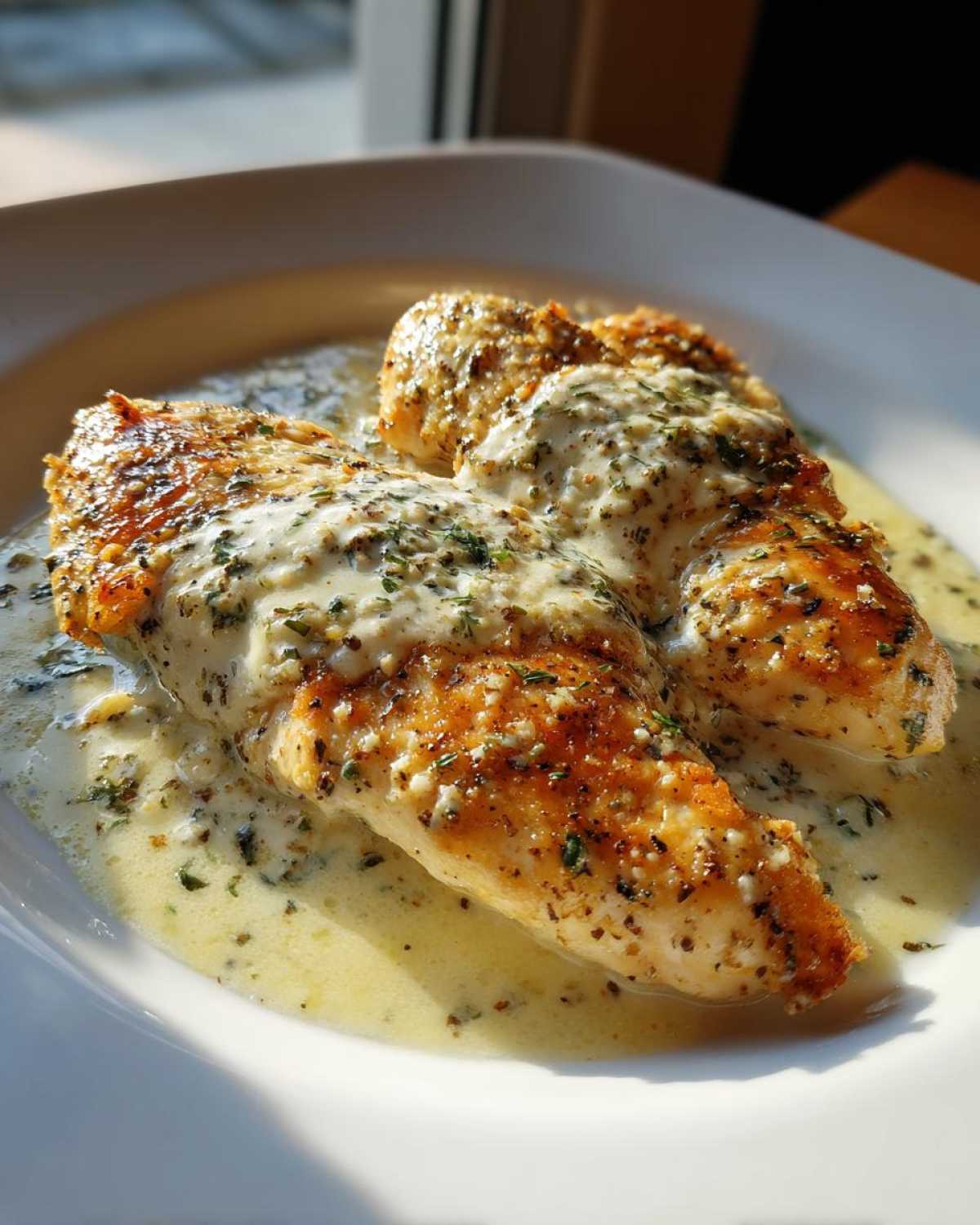 Two pieces of pan-seared creamy garlic parmesan chicken served in a white bowl with a rich sauce and herbs.