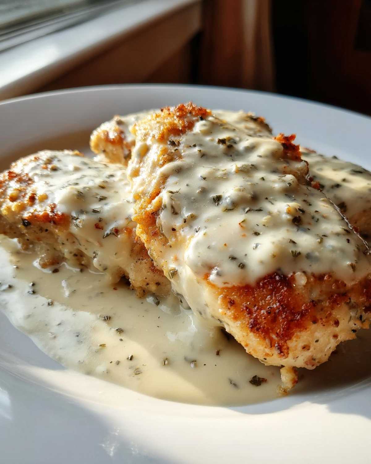 Three pieces of golden-brown chicken breast covered in a rich, creamy garlic parmesan sauce with herbs.