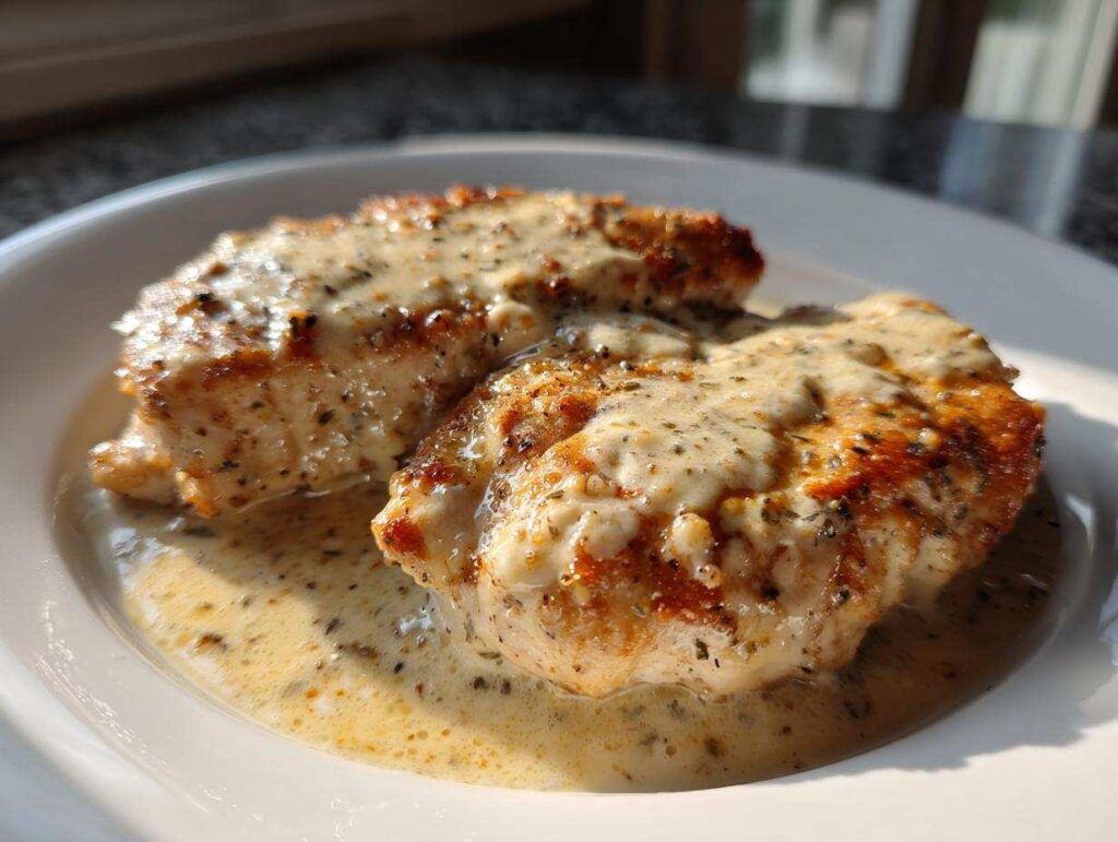Two pieces of pan-seared creamy garlic parmesan chicken served on a white plate with sauce.