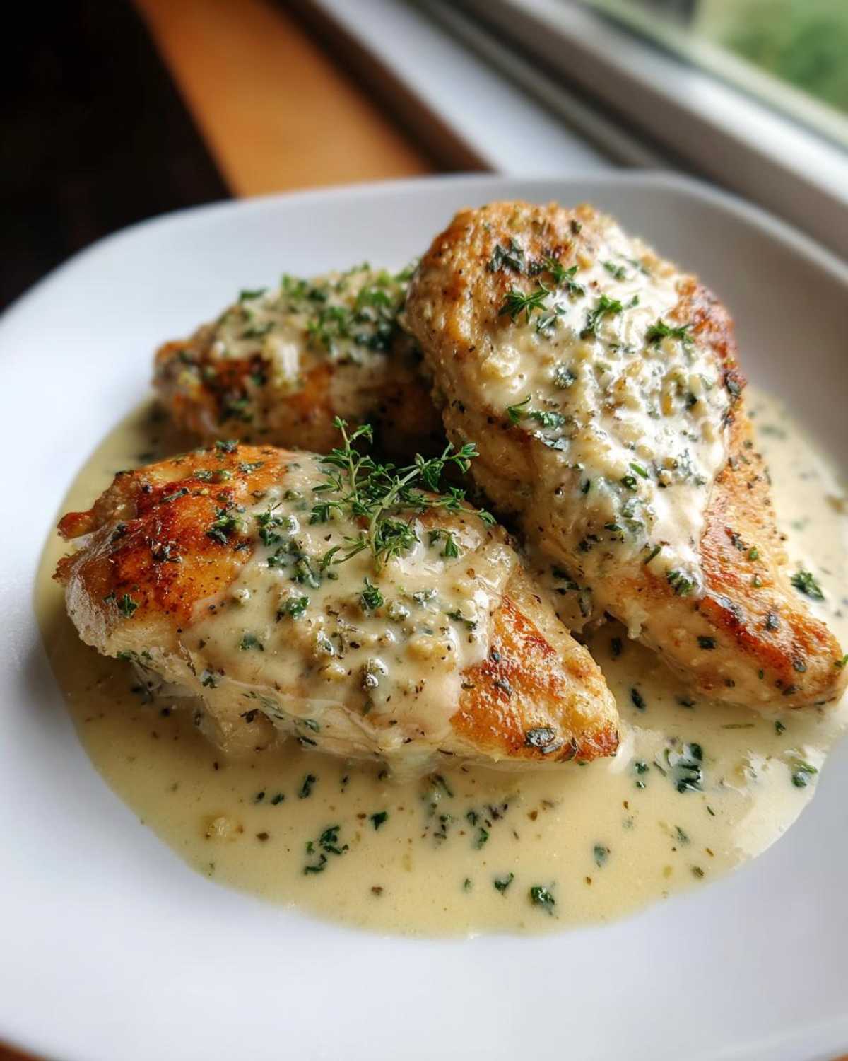 Three pieces of pan-seared creamy garlic parmesan chicken smothered in sauce and garnished with fresh herbs.