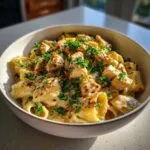 A bowl of creamy garlic parmesan chicken pasta, garnished with parsley and red pepper flakes.
