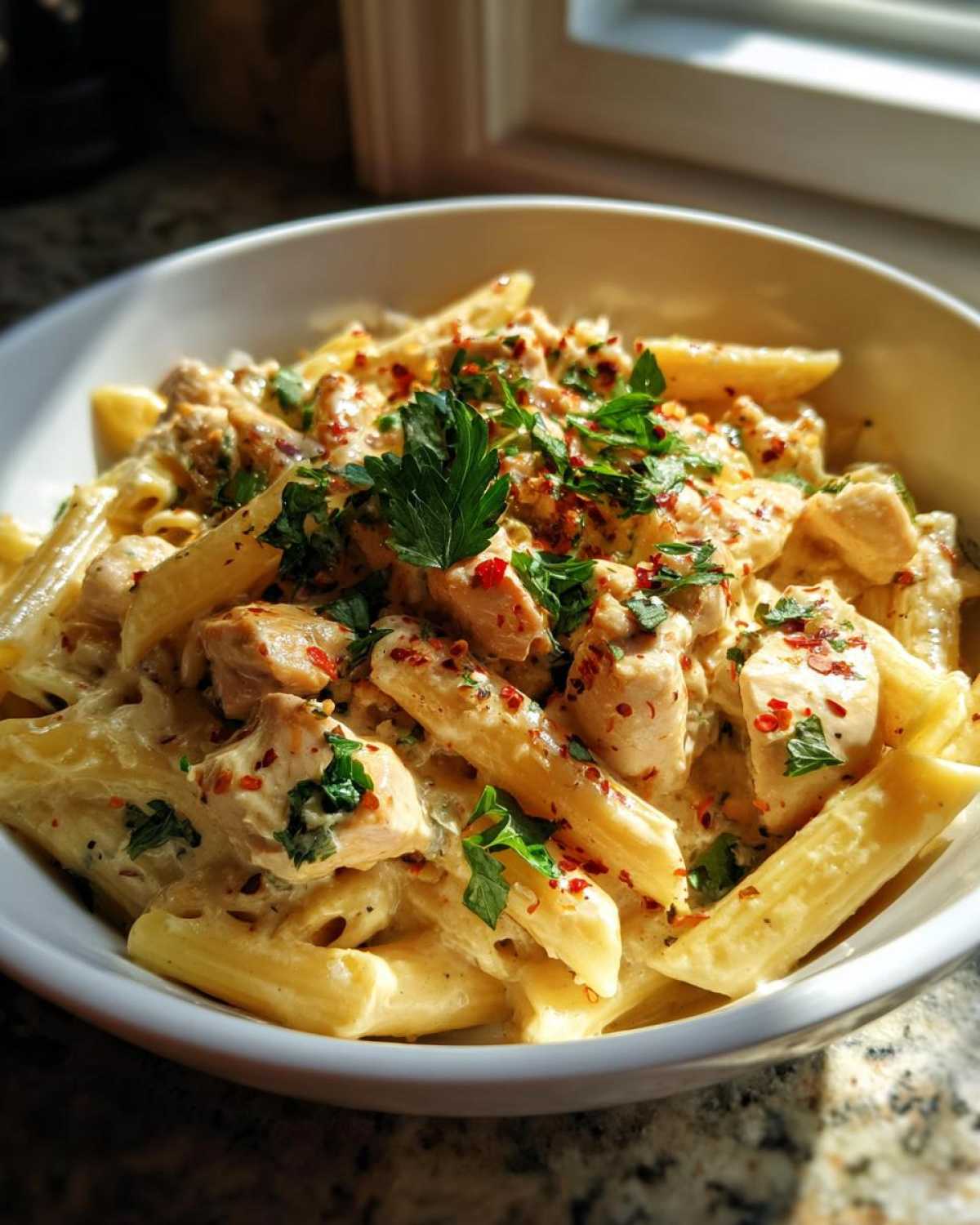 A bowl of creamy garlic parmesan chicken pasta, topped with fresh parsley and red pepper flakes.