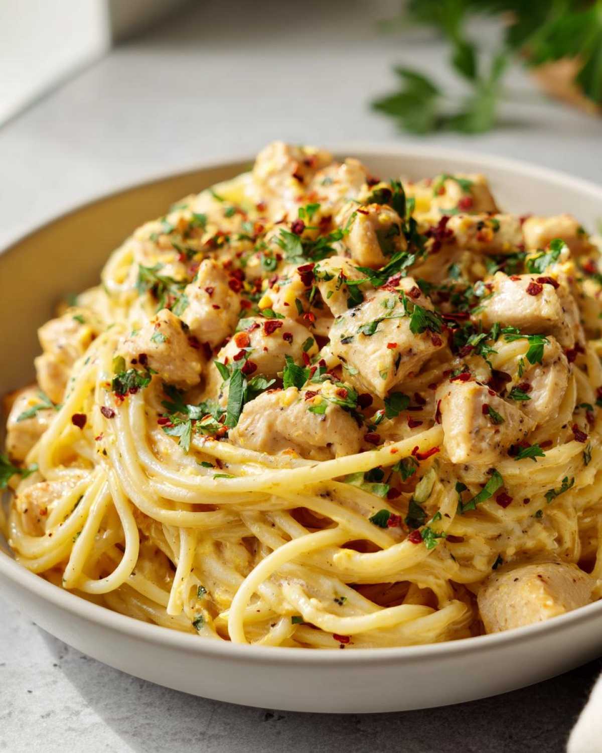 A close-up of creamy garlic parmesan chicken pasta, garnished with parsley and red pepper flakes.