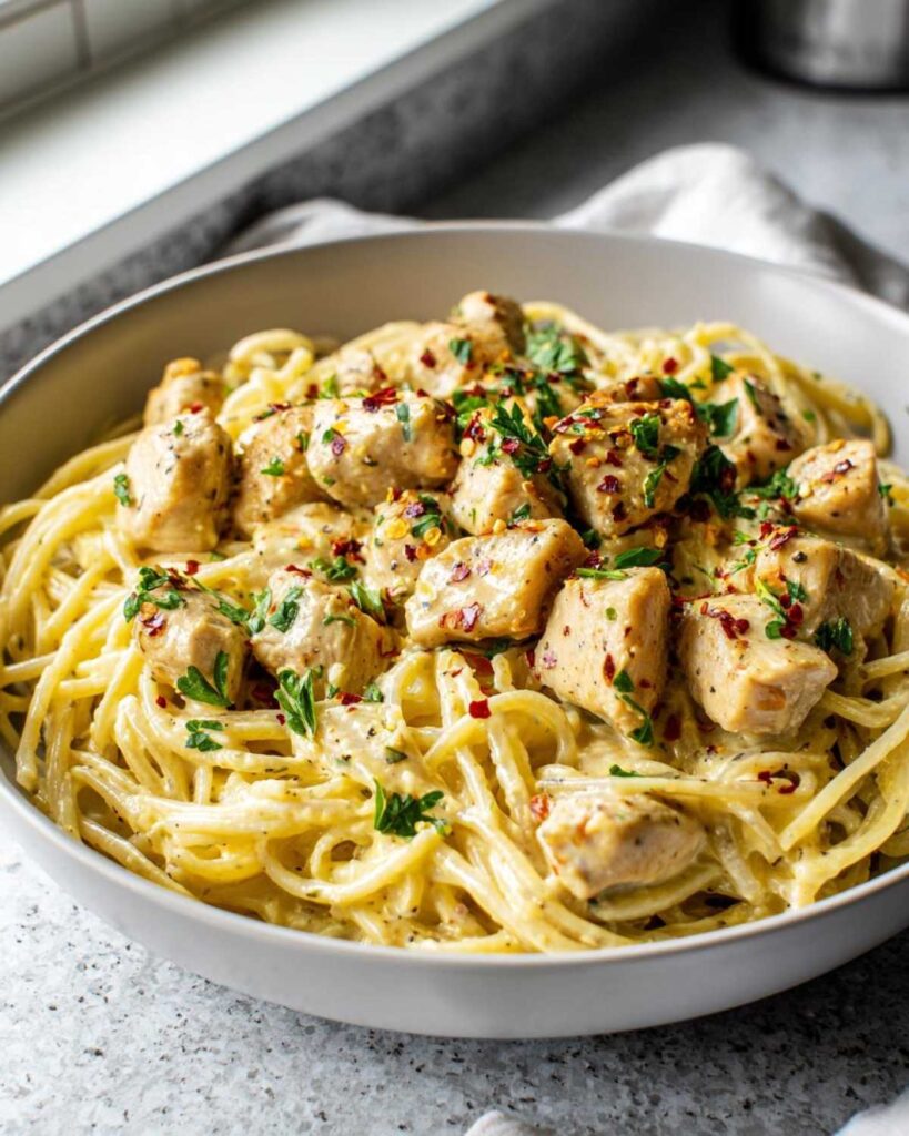 A close-up of a bowl filled with creamy garlic parmesan chicken pasta, topped with parsley and red pepper flakes.