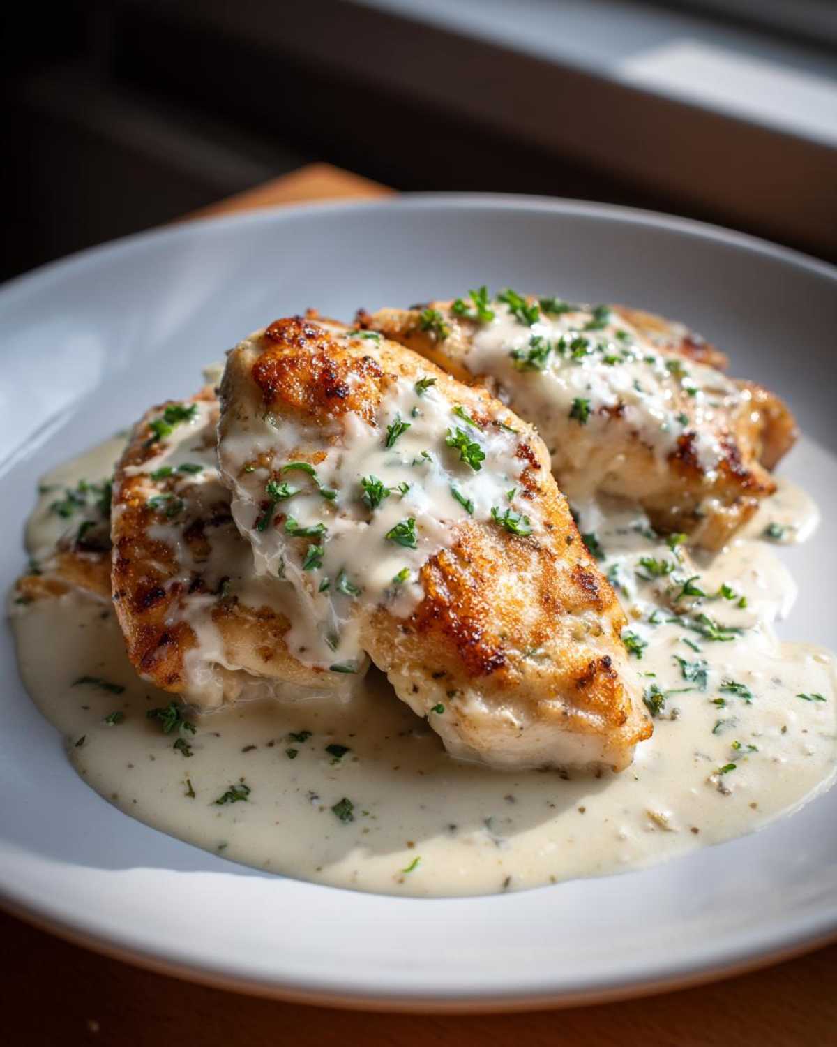 Close-up of tender, pan-seared chicken breasts smothered in a rich creamy garlic parmesan sauce and sprinkled with fresh parsley.