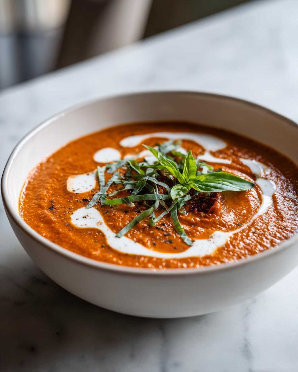 A close-up of a bowl of creamy roasted tomato soup, garnished with fresh basil and a swirl of cream.