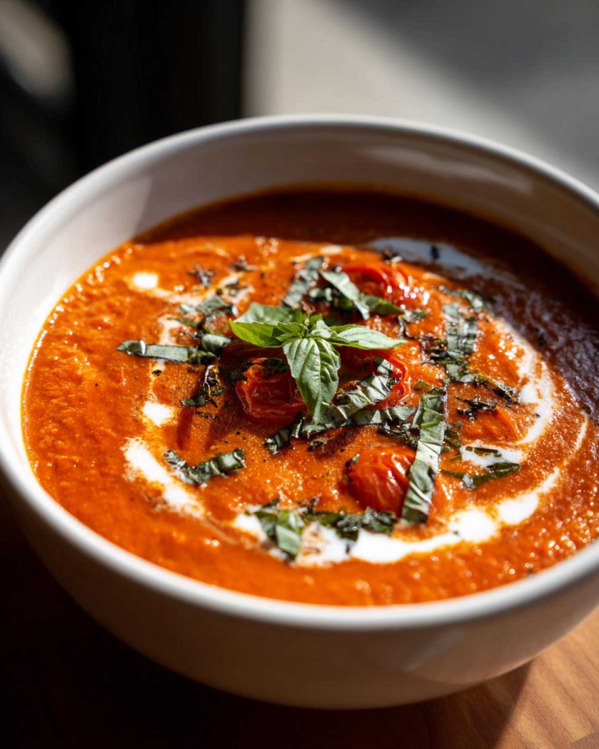 A close-up of creamy roasted tomato soup in a white bowl, garnished with fresh basil and a swirl of cream.