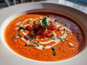 A close-up of a bowl of creamy roasted tomato soup, garnished with a swirl of cream, chopped basil, and roasted tomatoes.