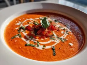 A close-up of a bowl of creamy roasted tomato soup, garnished with a swirl of cream, chopped basil, and roasted tomatoes.