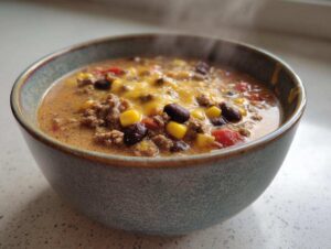 A close-up of a steaming bowl of creamy taco soup, filled with ground beef, black beans, corn, and topped with melted cheese.