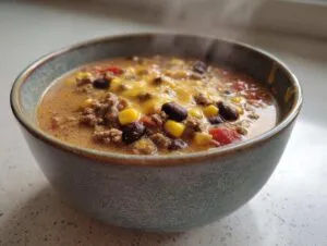 A close-up of a steaming bowl of creamy taco soup, filled with ground beef, black beans, corn, and topped with melted cheese.