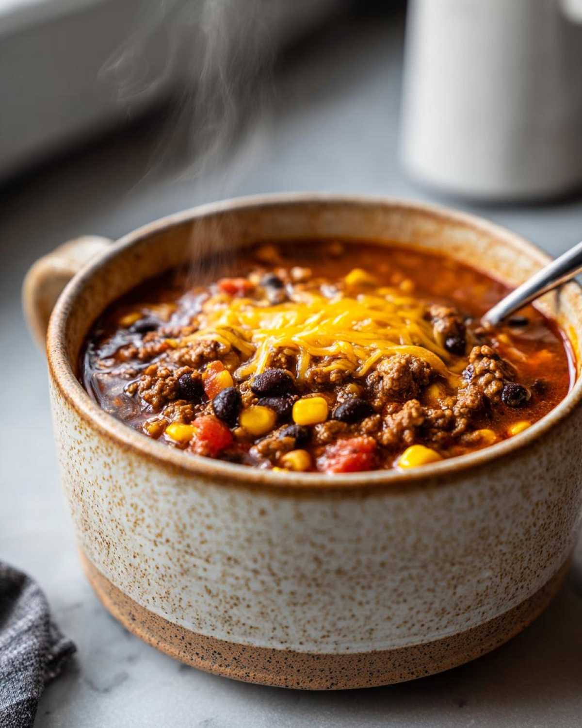 A close-up of a steaming bowl of creamy taco soup topped with melted cheese, featuring ground beef, beans, and corn.