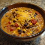 A close-up of a bowl of creamy taco soup topped with melted cheddar cheese, black beans, corn, and tomatoes.