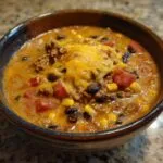 A close-up of a bowl of creamy taco soup topped with melted cheddar cheese, black beans, corn, and tomatoes.