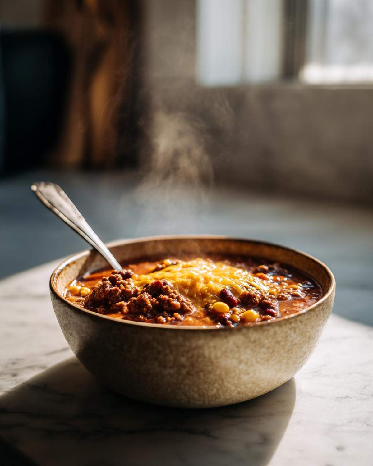 A close-up of a steaming bowl of creamy taco soup topped with melted cheese and a spoon.