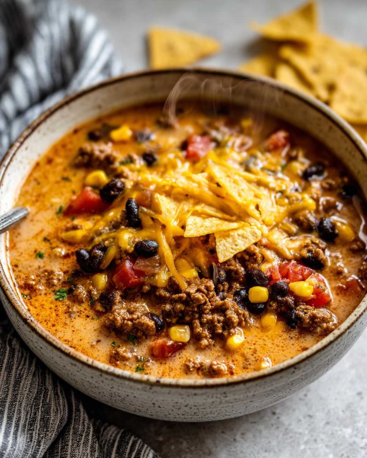 A steaming bowl of creamy taco soup filled with ground beef, black beans, corn, tomatoes, and topped with shredded cheese and tortilla chips.