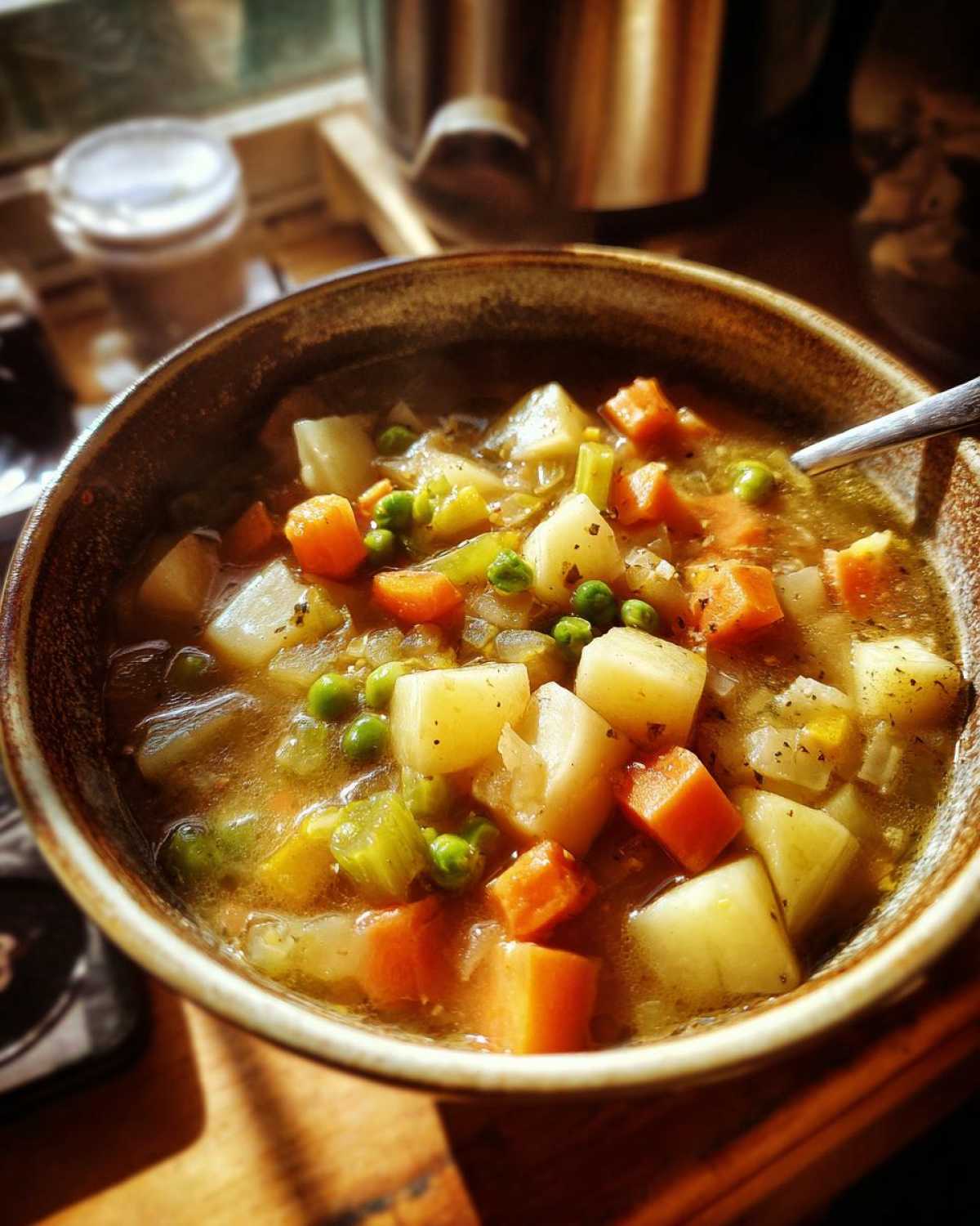 A close-up of a steaming bowl of veggie pot pie soup, filled with chunks of potatoes, carrots, celery, and peas.