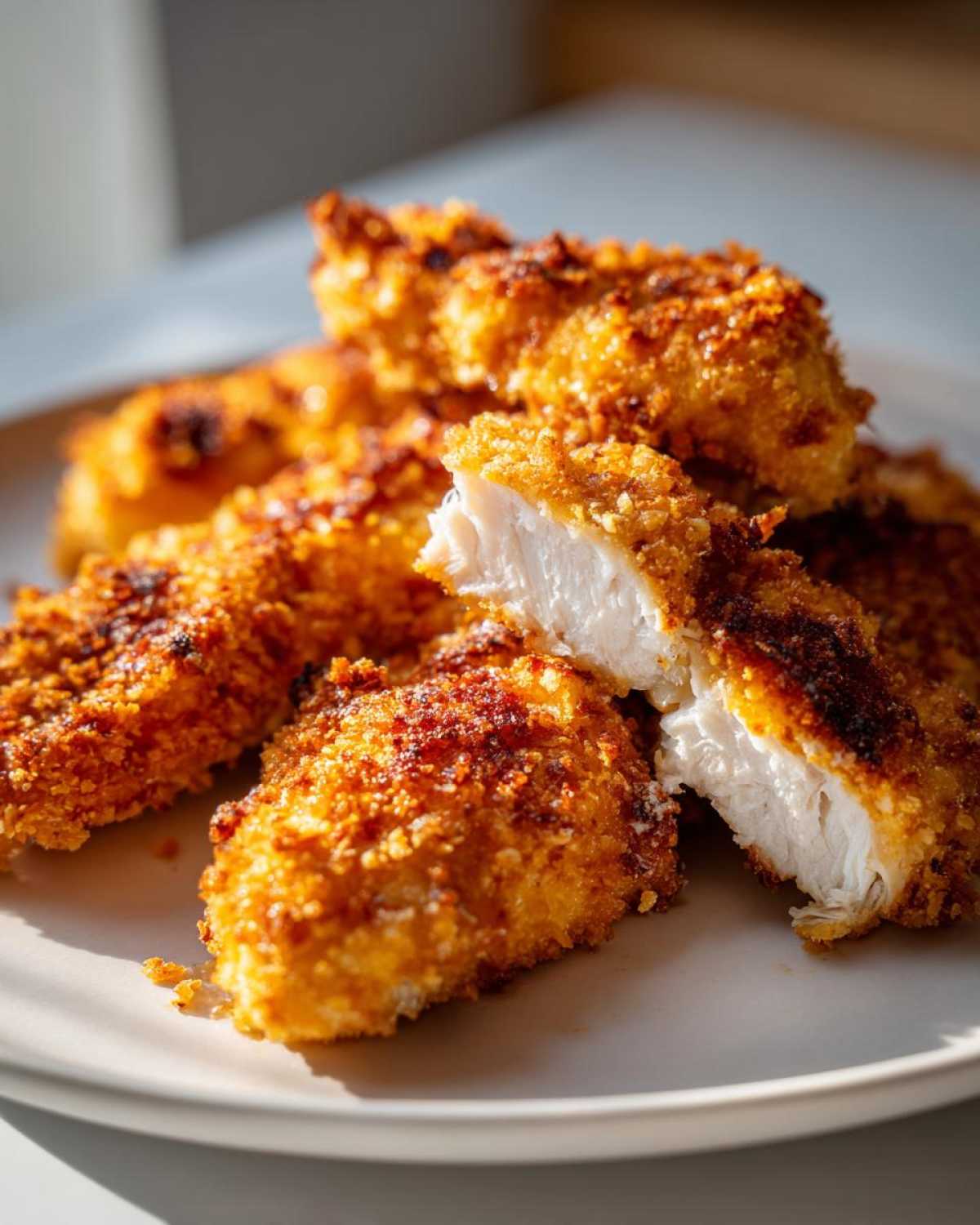 Close-up of crispy baked chicken tenders on a plate, one tender is cut in half showing juicy white meat.