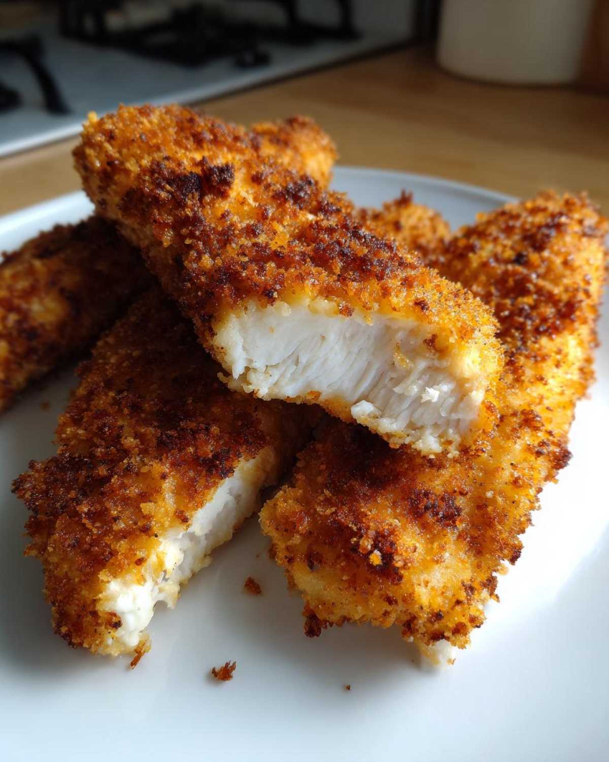 Close-up of golden-brown crispy baked chicken tenders on a white plate, one tender is broken in half revealing juicy white meat.