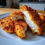 A close-up of crispy baked chicken tenders on a white plate, one tender is cut in half showing juicy white meat.