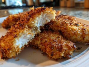Close-up of golden-brown crispy baked chicken tenders, one is broken in half to show the juicy interior.