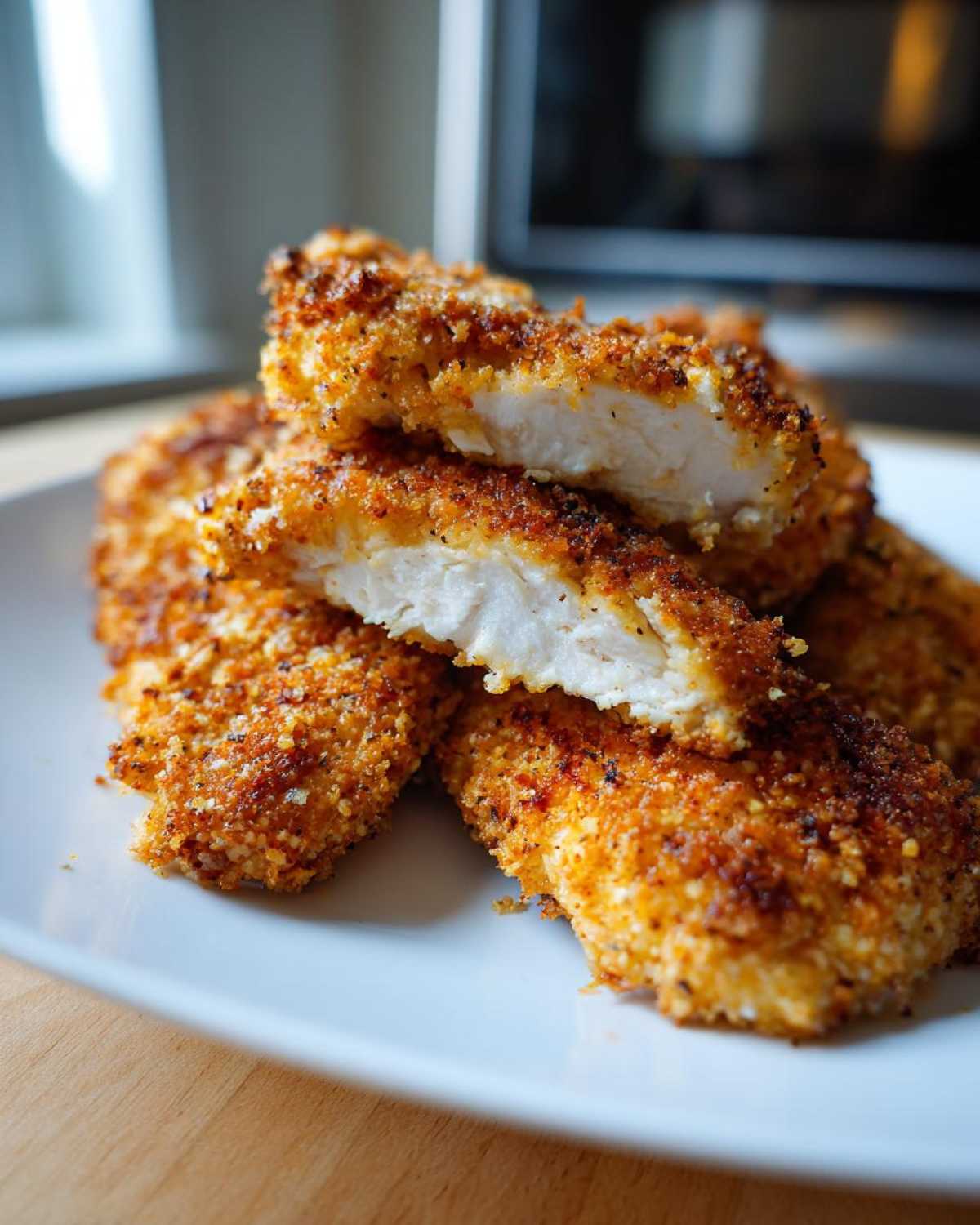 A close-up shot of golden brown, crispy baked chicken tenders on a white plate, one tender is cut in half to show the juicy interior.