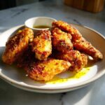 A close-up of several golden-brown, crispy baked chicken wings seasoned with spices, served on a plate with a small dish of dipping sauce.