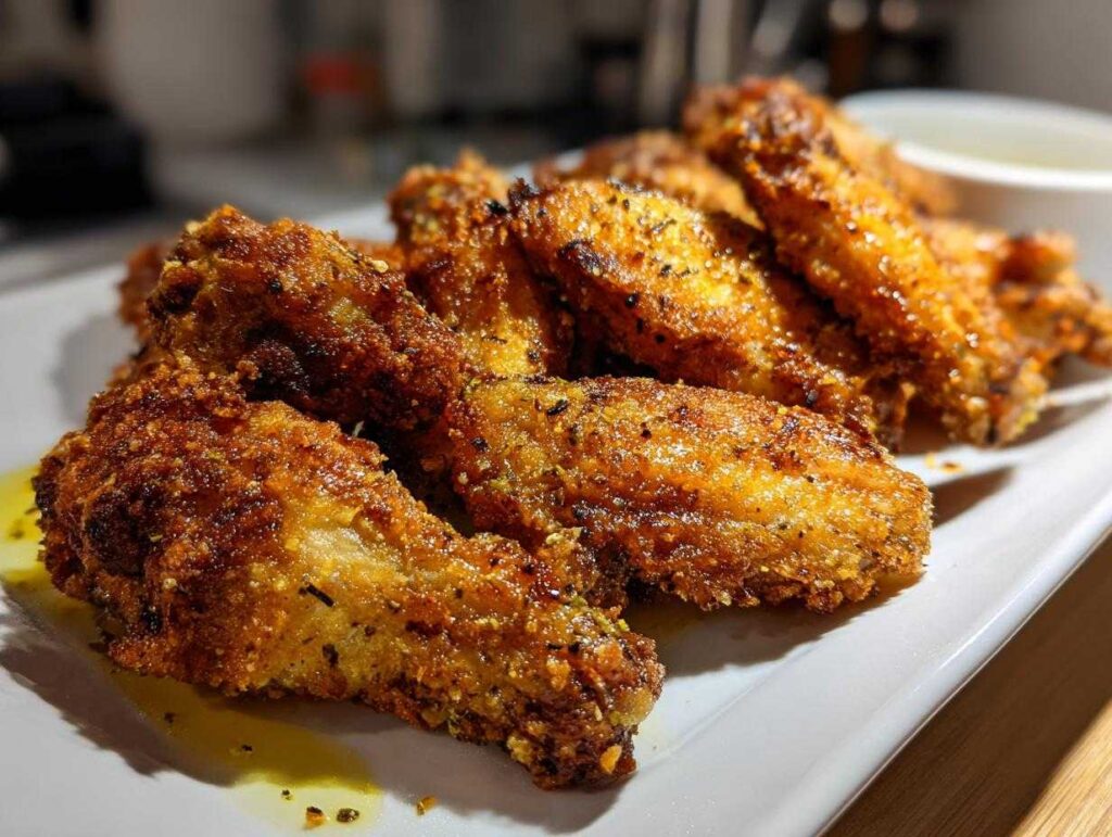 A close-up of a plate filled with golden-brown, crispy baked chicken wings seasoned with herbs and spices.