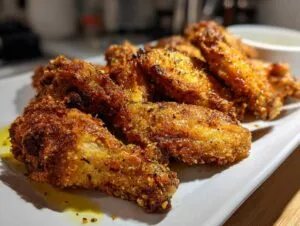 A close-up of a plate filled with golden-brown, crispy baked chicken wings seasoned with herbs and spices.