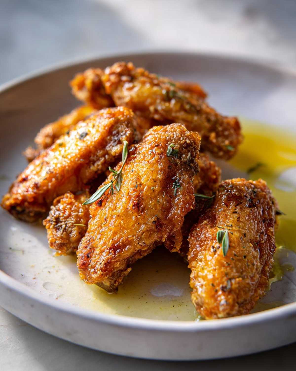 Close-up of golden brown crispy baked chicken wings seasoned with herbs, served in a white bowl with a light sauce.